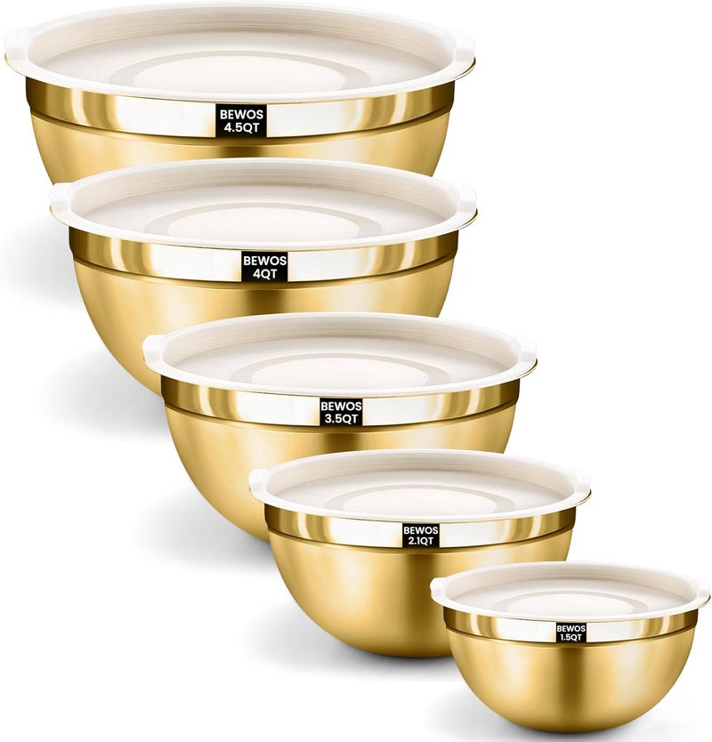 BEWOS 5PCS Mixing Bowls with Lids Set - 5 Stainless Steel Mixing Bowls, Dishwasher Safe, Ideal for Baking & Meal Prep, Stackable Design for Easy Storage - Image 1